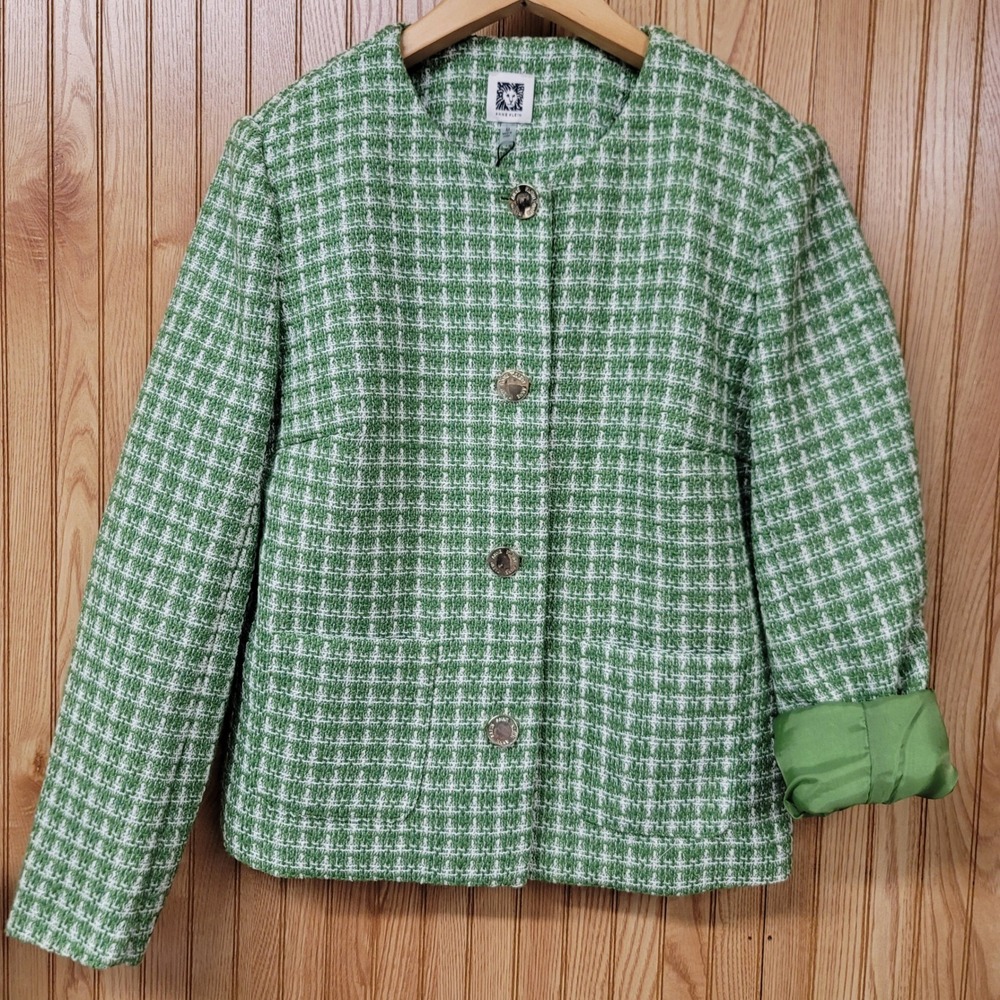 Anne Klein Green White Textured Tweed Plaid Structured Designer Blazer Size M